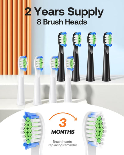 Bitvae Electric Toothbrushes 2 Pack Ultrasonic Toothbrush with Holders, Dual Ultrasonic Electronic Toothbrush 8 Brush Heads 5 Modes, Rechargeable Power Toothbrush for 30 Days Using, Black & Pink