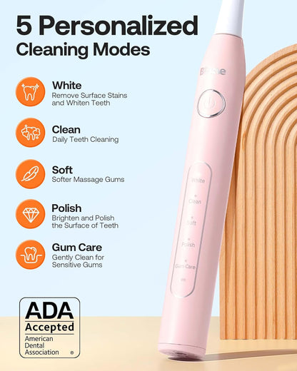 Bitvae Electric Toothbrushes 2 Pack Ultrasonic Toothbrush with Holders, Dual Ultrasonic Electronic Toothbrush 8 Brush Heads 5 Modes, Rechargeable Power Toothbrush for 30 Days Using, Black & Pink