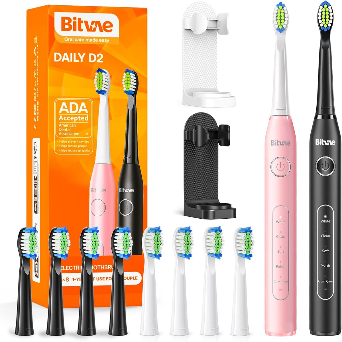 Bitvae Electric Toothbrushes 2 Pack Ultrasonic Toothbrush with Holders ...