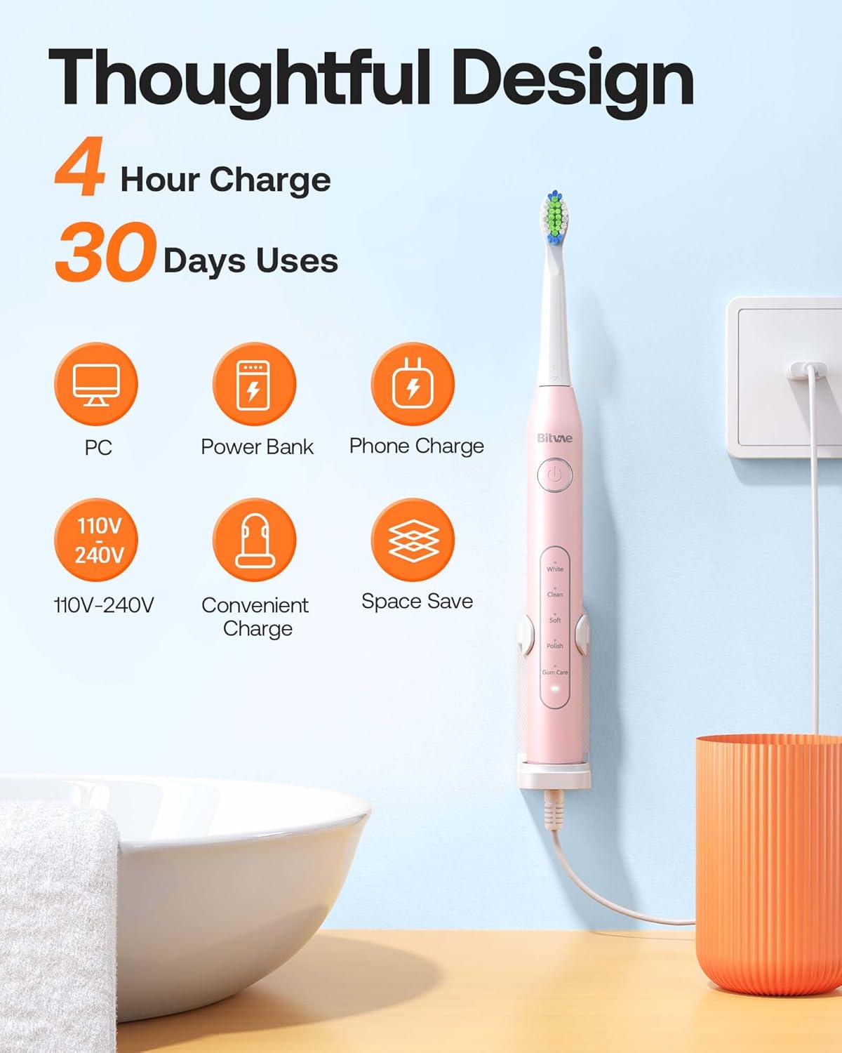 Bitvae Electric Toothbrushes 2 Pack Ultrasonic Toothbrush with Holders, Dual Ultrasonic Electronic Toothbrush 8 Brush Heads 5 Modes, Rechargeable Power Toothbrush for 30 Days Using, Black & Pink