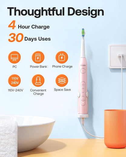 Bitvae Electric Toothbrushes 2 Pack Ultrasonic Toothbrush with Holders, Dual Ultrasonic Electronic Toothbrush 8 Brush Heads 5 Modes, Rechargeable Power Toothbrush for 30 Days Using, Black & Pink